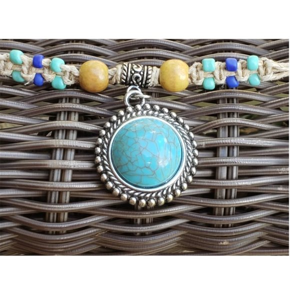 Hemp Necklace w/Turquoise Pendant and Blue Beads - Picture 4 of 8